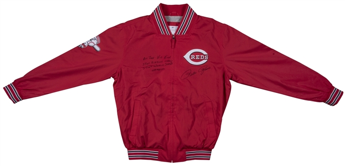 Pete Rose Autographed and Inscribed Cincinnati Reds Warm Up Jacket (PSA/DNA)